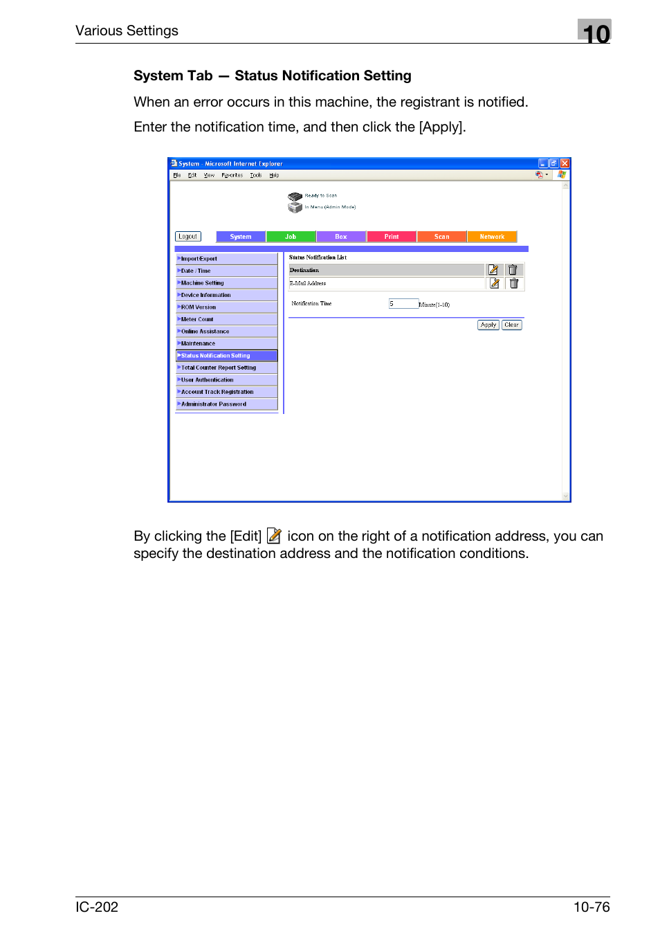 System tab — status notification setting -76 | Konica Minolta bizhub 750 User Manual | Page 370 / 420