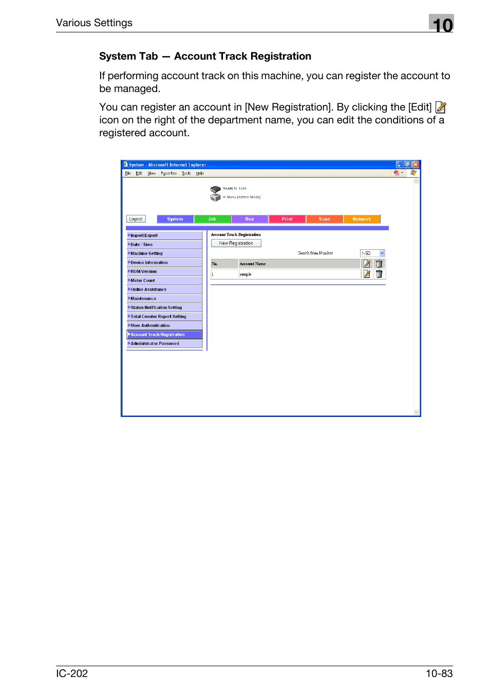 System tab — account track registration -83 | Konica Minolta bizhub 750 User Manual | Page 377 / 420