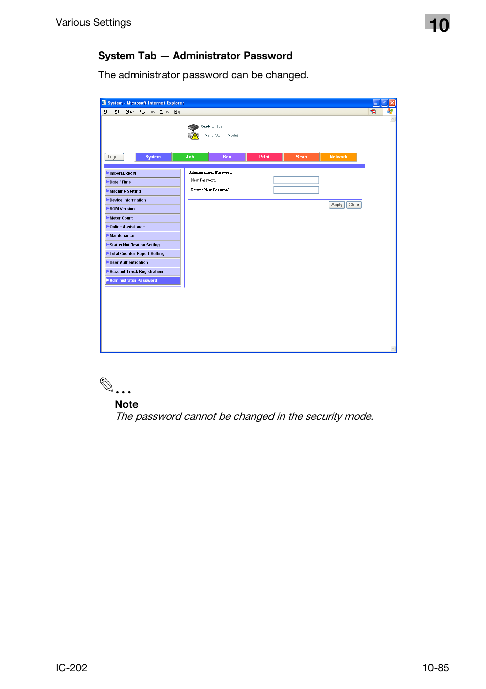 System tab — administrator password -85 | Konica Minolta bizhub 750 User Manual | Page 379 / 420