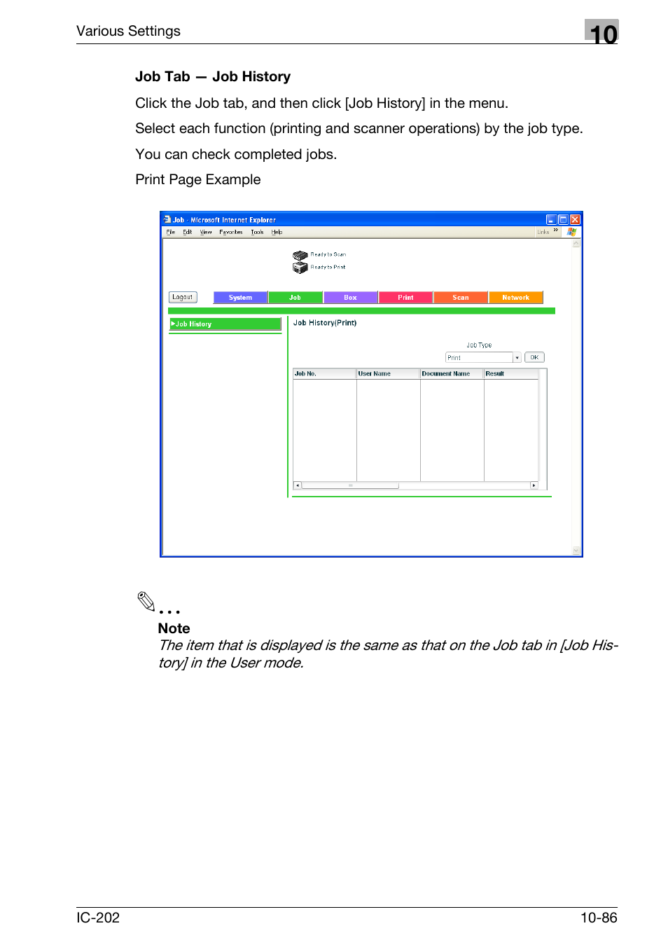 Job tab — job history -86 | Konica Minolta bizhub 750 User Manual | Page 380 / 420