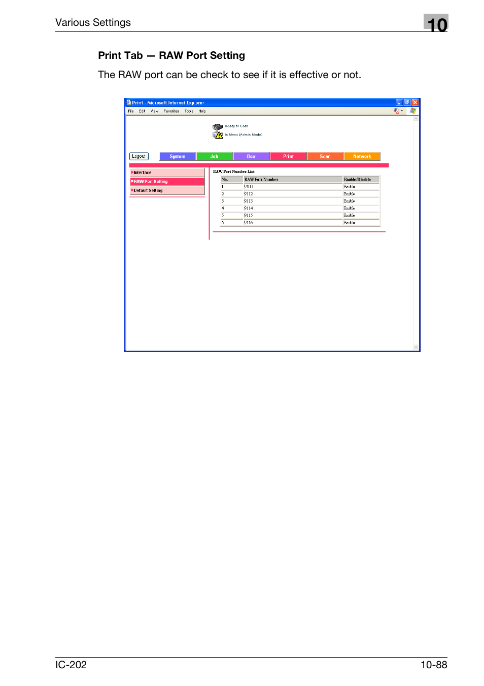 Print tab — raw port setting -88 | Konica Minolta bizhub 750 User Manual | Page 382 / 420