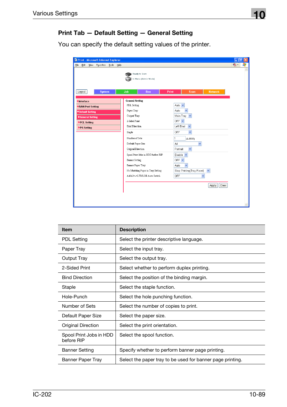 Print tab — default setting — general setting -89, Various settings | Konica Minolta bizhub 750 User Manual | Page 383 / 420