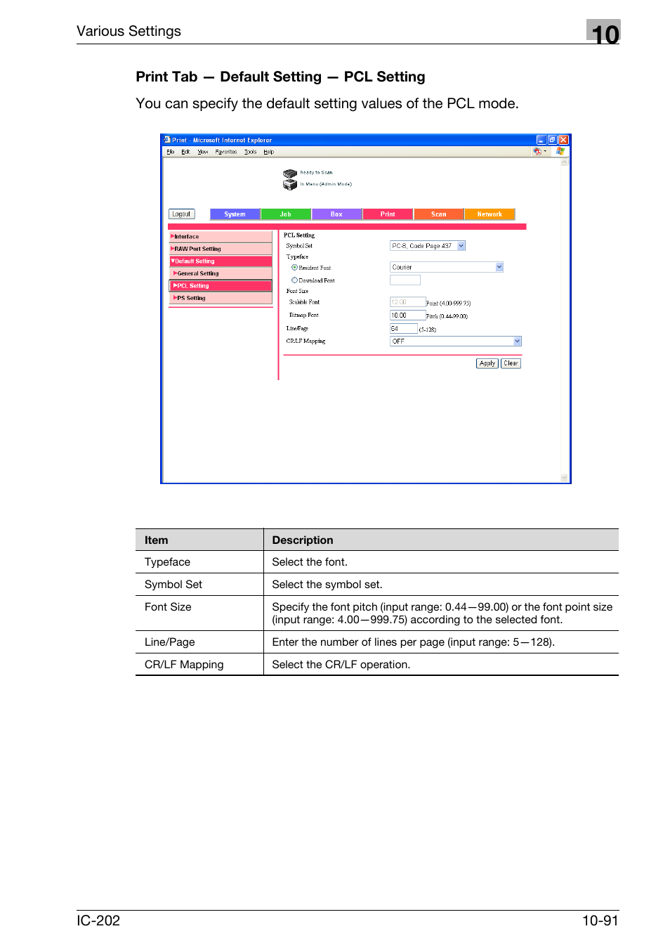 Print tab — default setting — pcl setting -91 | Konica Minolta bizhub 750 User Manual | Page 385 / 420