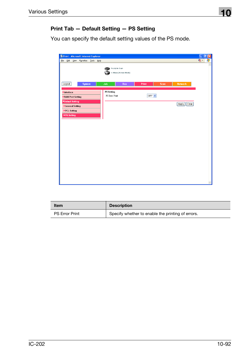 Print tab — default setting — ps setting -92 | Konica Minolta bizhub 750 User Manual | Page 386 / 420