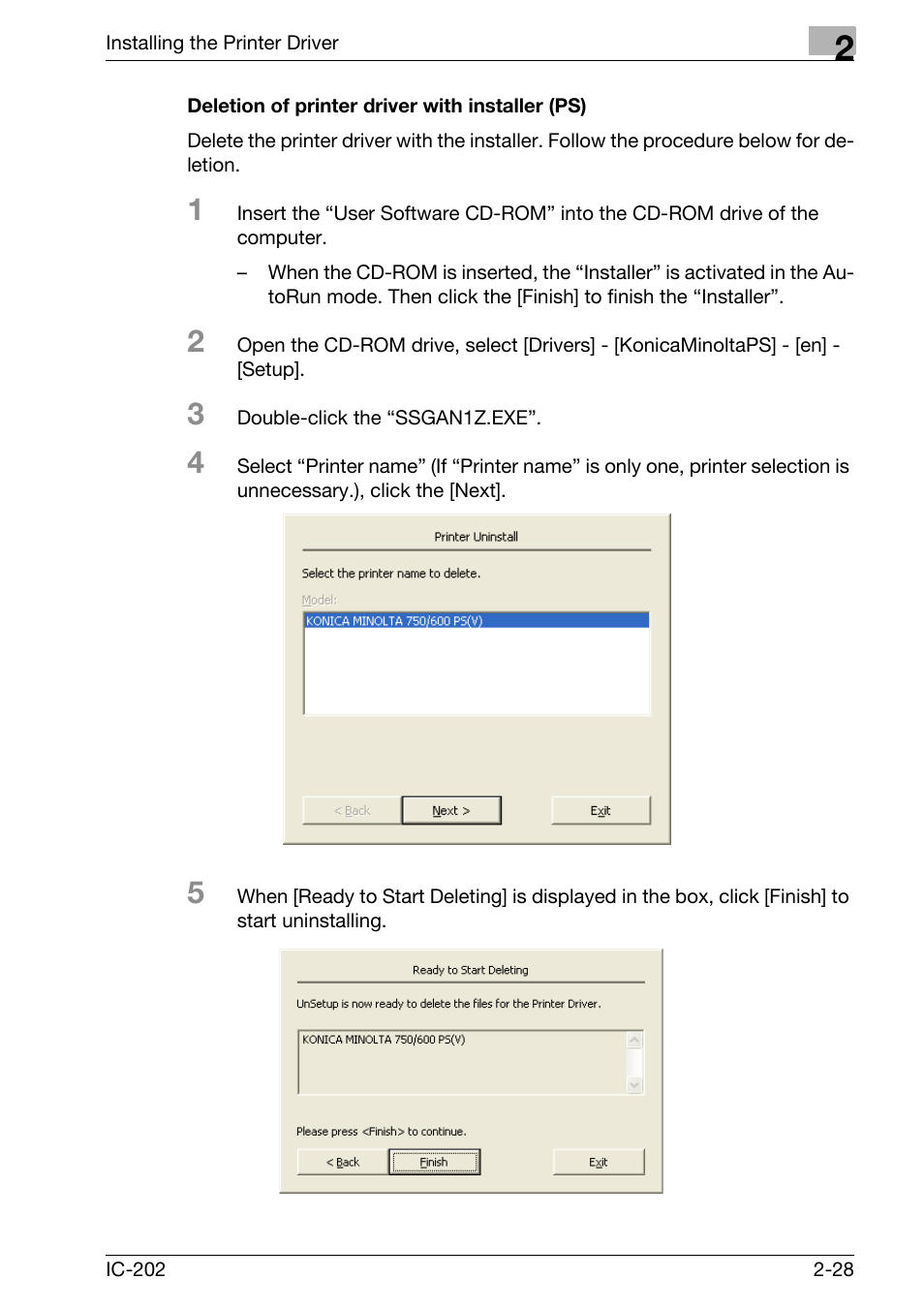 Deletion of printer driver with installer (ps) -28, P. 2-28 | Konica Minolta bizhub 750 User Manual | Page 63 / 420