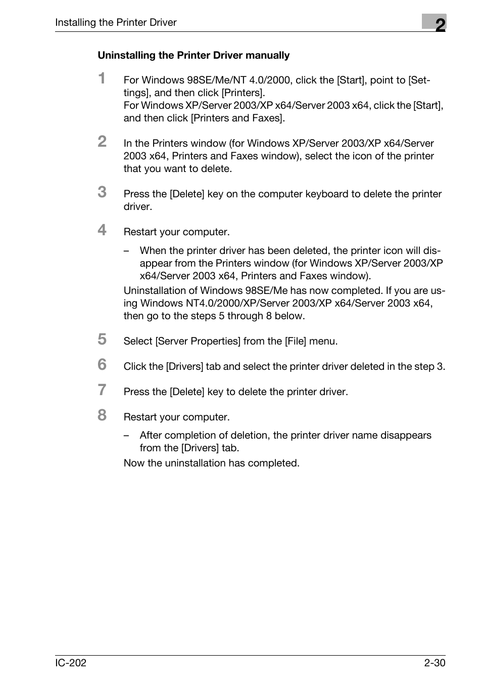 Uninstalling the printer driver manually -30, P. 2-30 | Konica Minolta bizhub 750 User Manual | Page 65 / 420