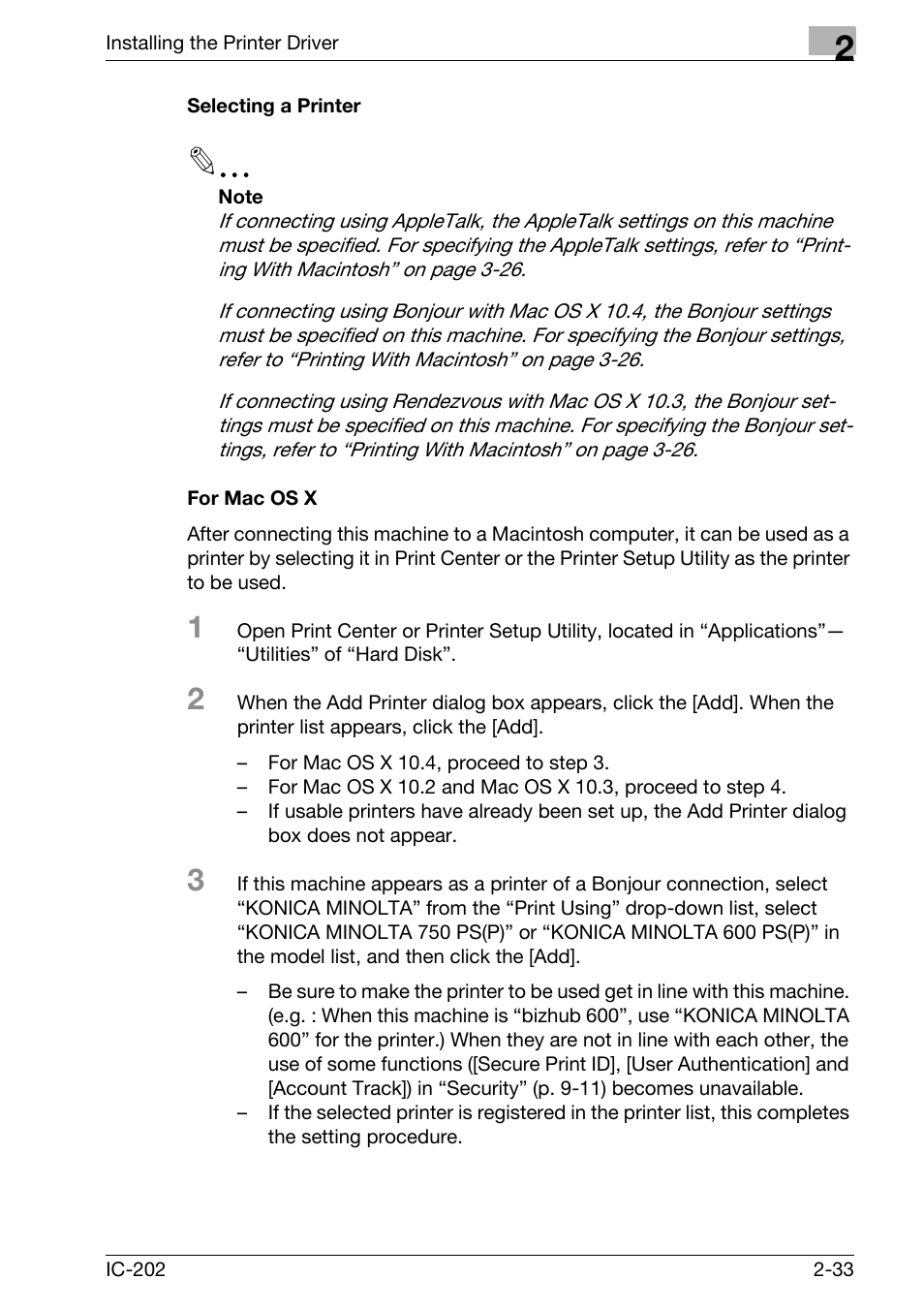 Selecting a printer -33 for mac os x -33 | Konica Minolta bizhub 750 User Manual | Page 68 / 420