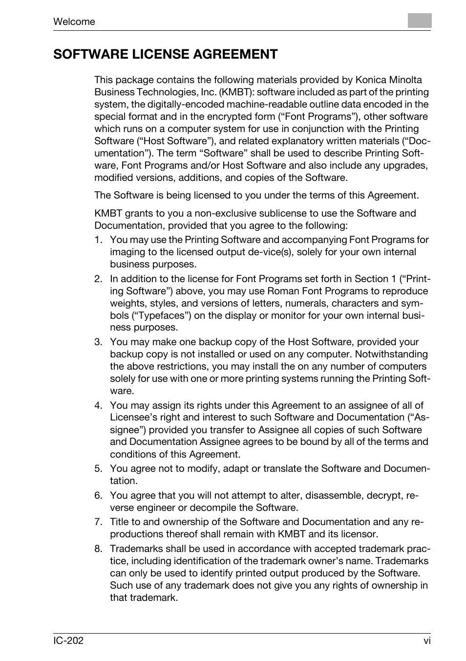 Software license agreement | Konica Minolta bizhub 750 User Manual | Page 7 / 420