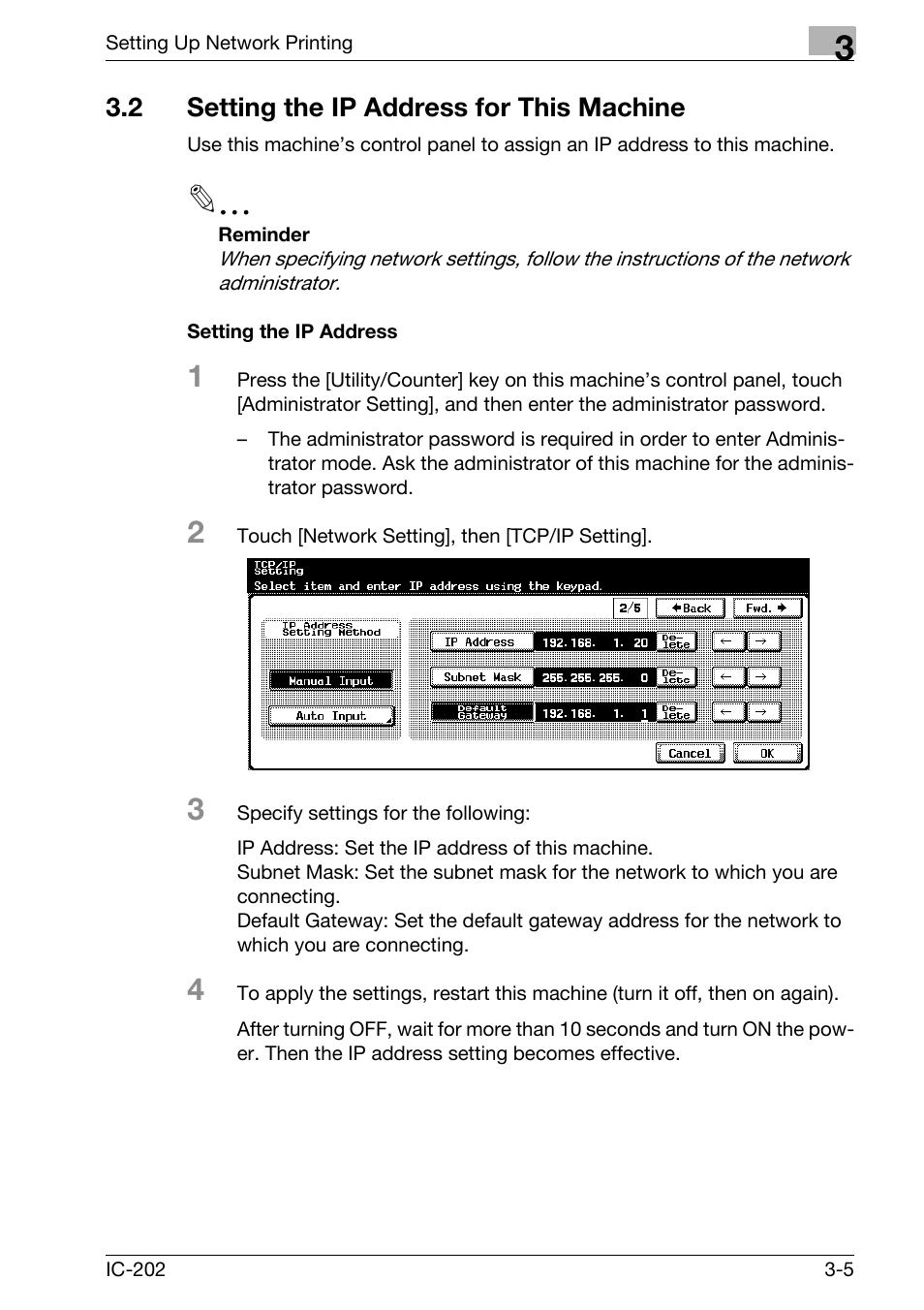 2 setting the ip address for this machine, Setting the ip address for this machine -5, Setting the ip address -5 | Konica Minolta bizhub 750 User Manual | Page 79 / 420