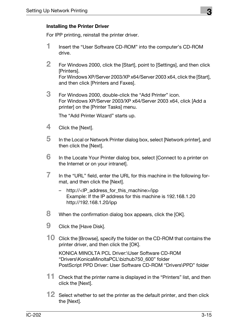 Installing the printer driver -15 | Konica Minolta bizhub 750 User Manual | Page 89 / 420