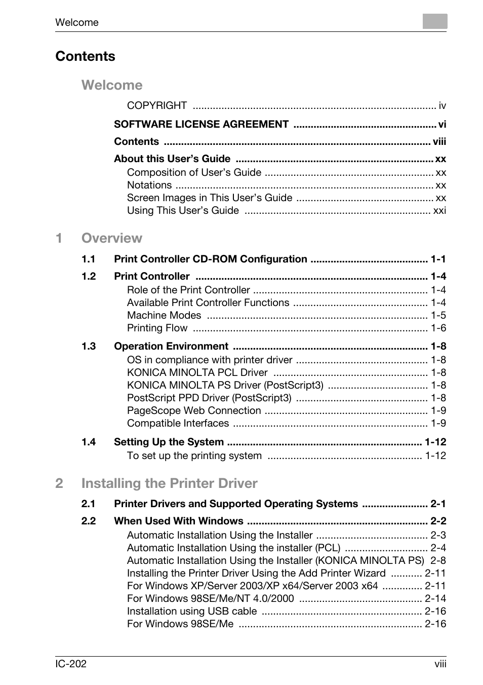 Contents welcome, 1overview, 2installing the printer driver | Konica Minolta bizhub 750 User Manual | Page 9 / 420