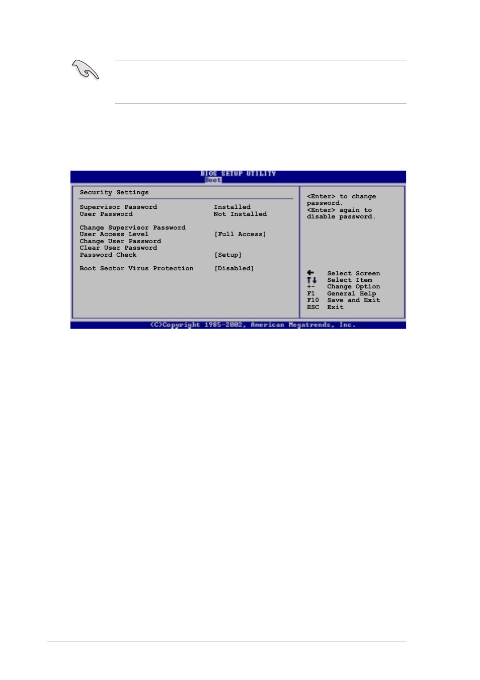 User access level (full access | Asus P4C800-E User Manual | Page 104 / 149