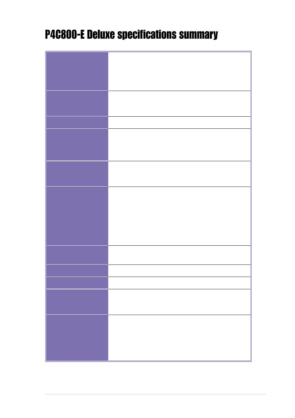 P4c800-e deluxe specifications summary | Asus P4C800-E User Manual | Page 11 / 149