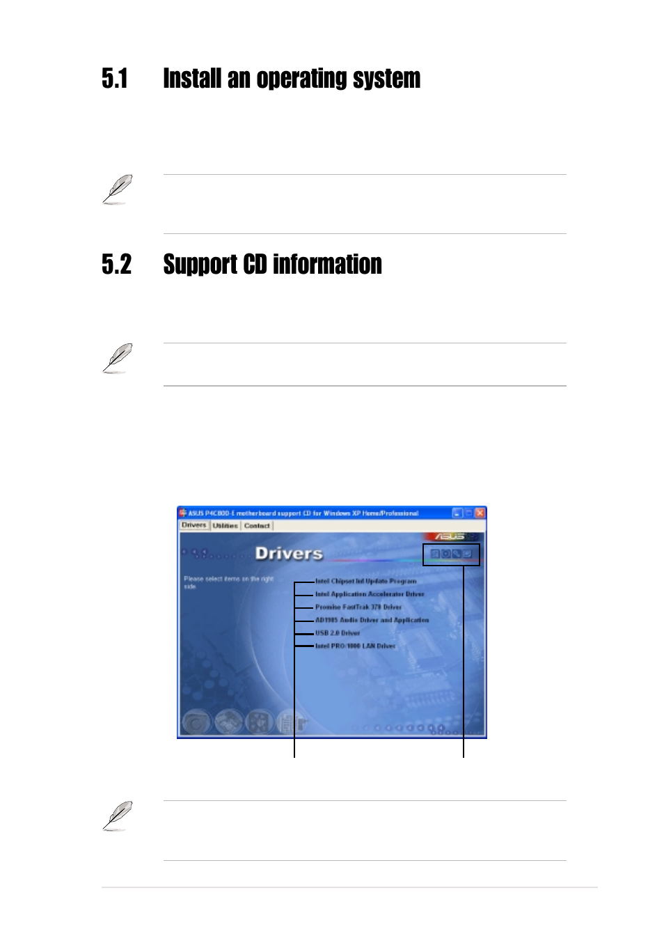 1 install an operating system, 2 support cd information, 1 running the support cd | Asus P4C800-E User Manual | Page 111 / 149