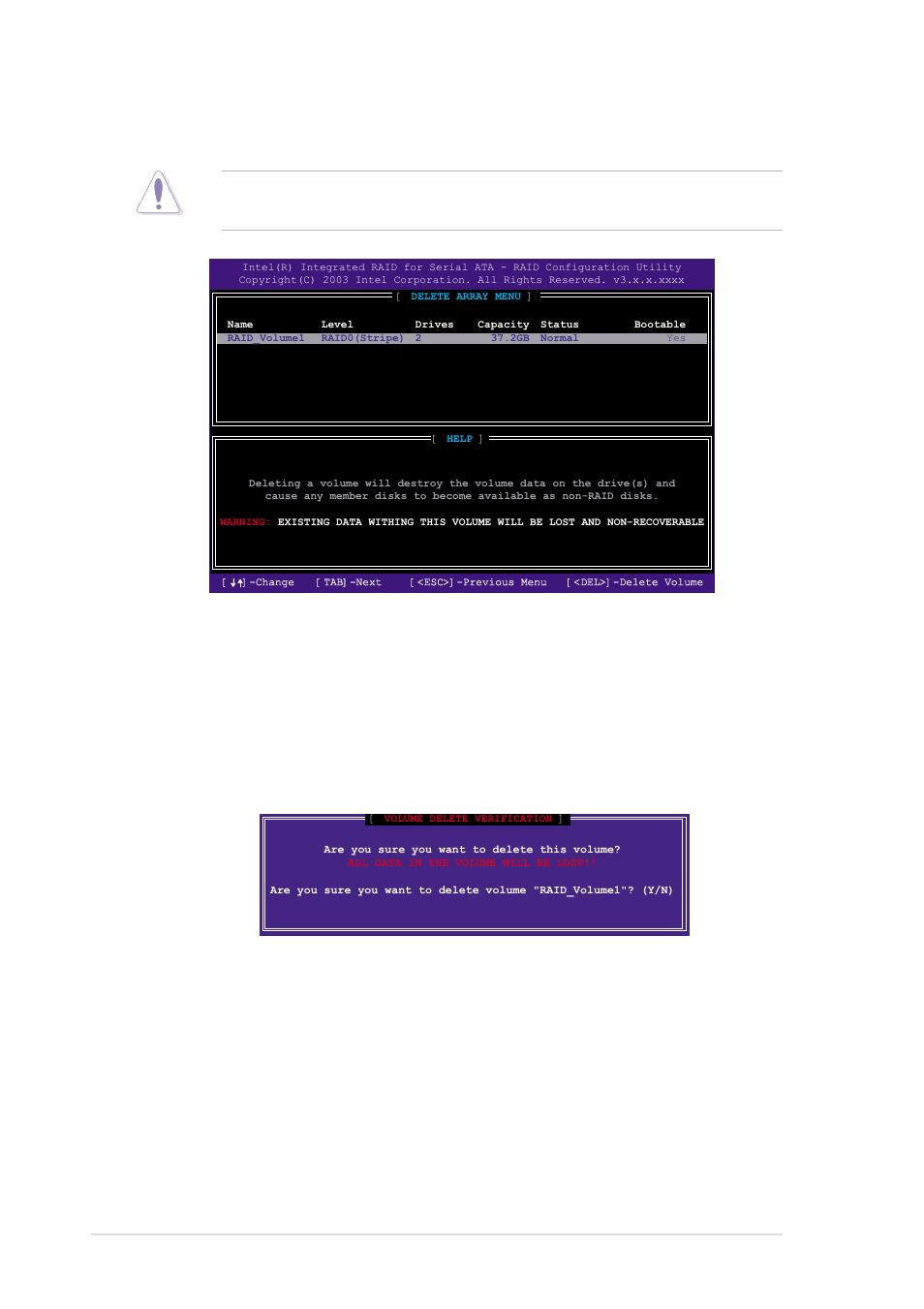 5 deleting a raid volume, 36 chapter 5: software support | Asus P4C800-E User Manual | Page 146 / 149