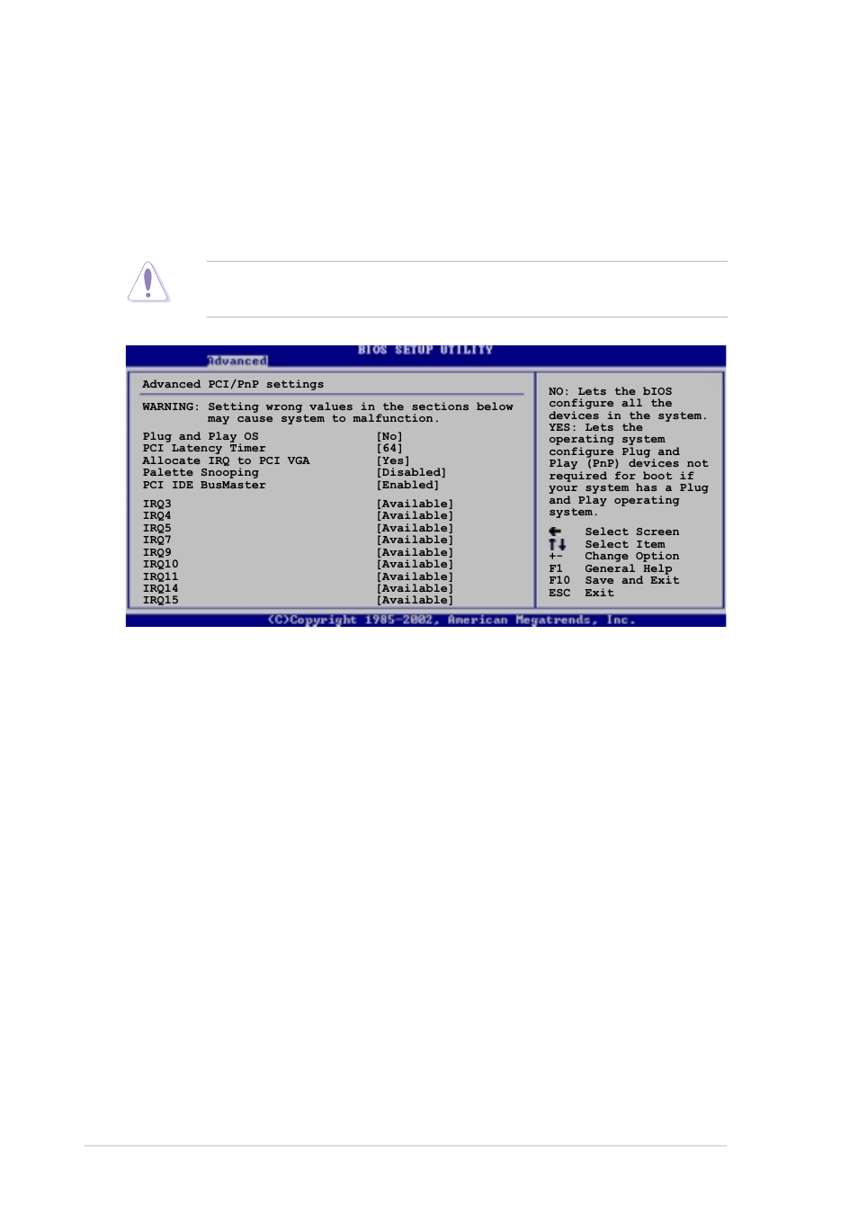 5 pci pnp, Plug and play o/s [no, Pci latency timer [64 | Allocate irq to pci vga [yes | Asus P4C800-E User Manual | Page 90 / 149