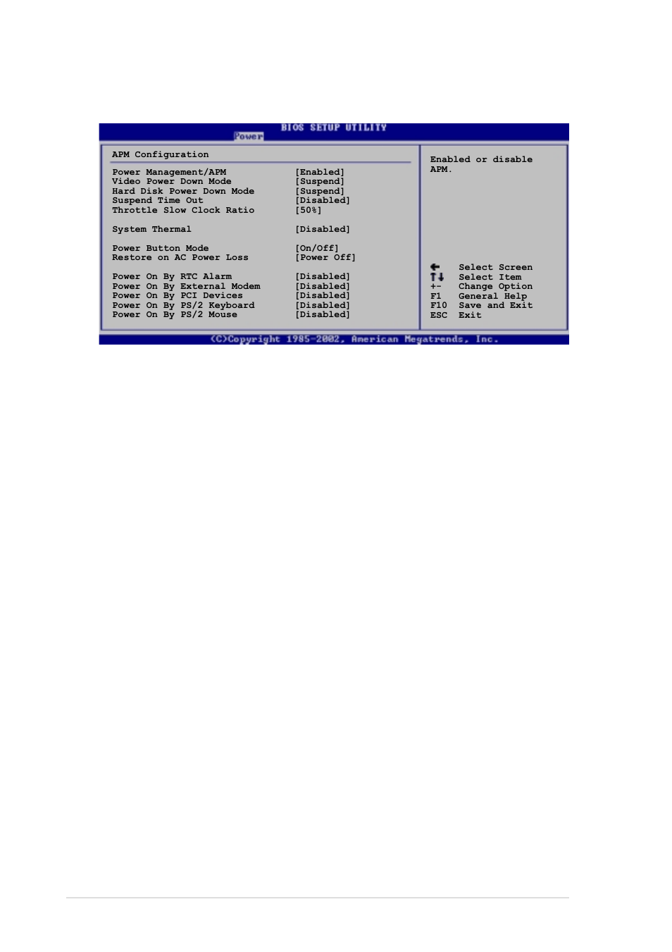 6 apm configuration, Power management/apm [enabled, Video power down mode [suspend | Hard disk power down mode [suspend, Suspend time out [disabled, Throttle slow clock ratio [50, System thermal [disabled | Asus P4C800-E User Manual | Page 96 / 149