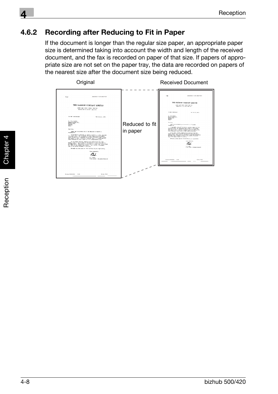 2 recording after reducing to fit in paper, Recording after reducing to fit in paper -8, Reception chapter 4 | Konica Minolta bizhub 420 User Manual | Page 103 / 346