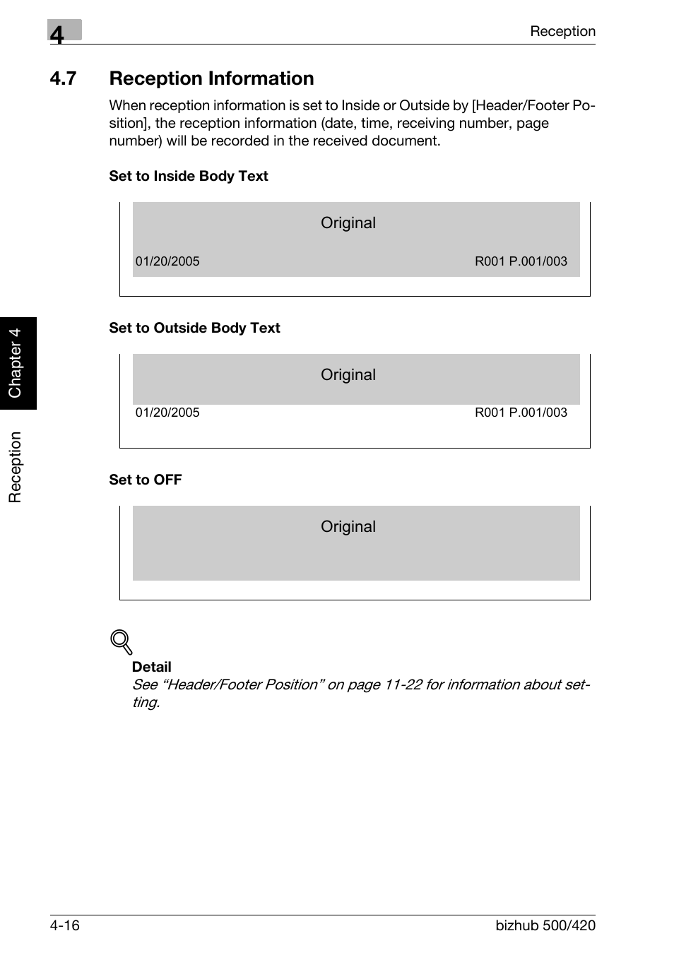 7 reception information, Set to inside body text, Set to outside body text | Set to off, Reception information -16 | Konica Minolta bizhub 420 User Manual | Page 111 / 346