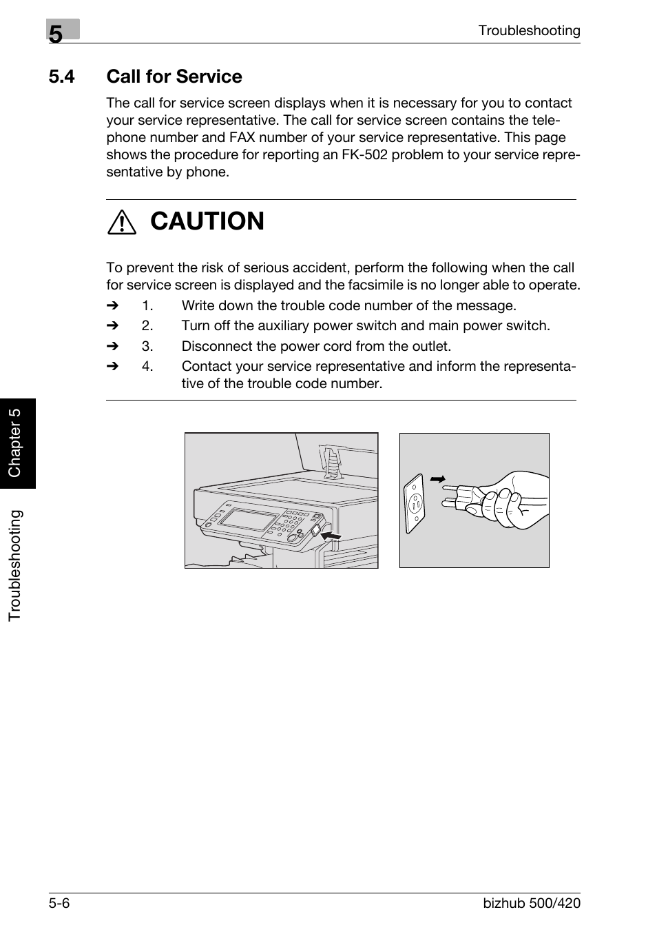 4 call for service, Call for service -6, 7 caution | Konica Minolta bizhub 420 User Manual | Page 117 / 346