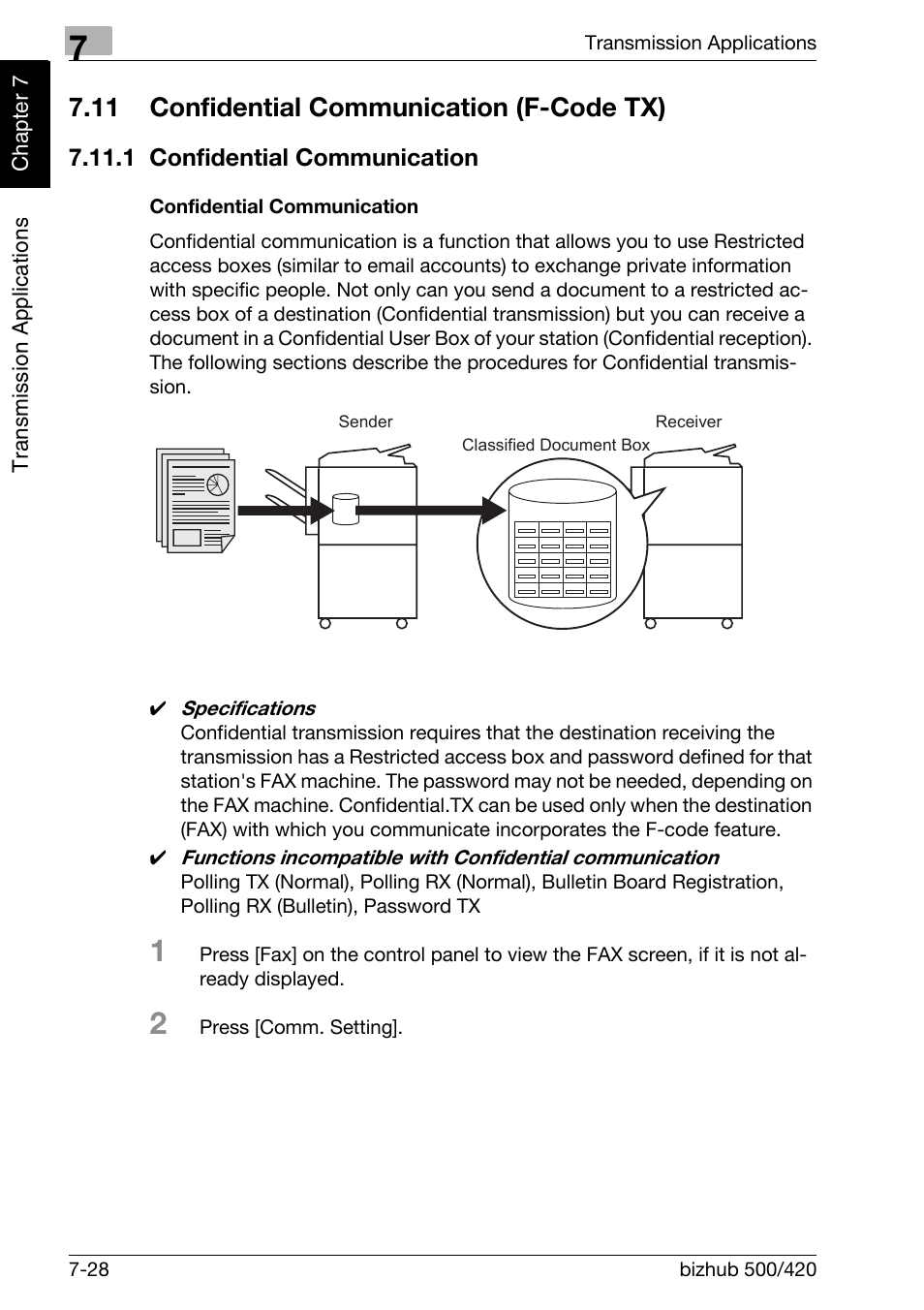 11 confidential communication (f-code tx), 1 confidential communication, Confidential communication | Confidential communication (f-code tx) -28, Confidential communication -28 | Konica Minolta bizhub 420 User Manual | Page 149 / 346