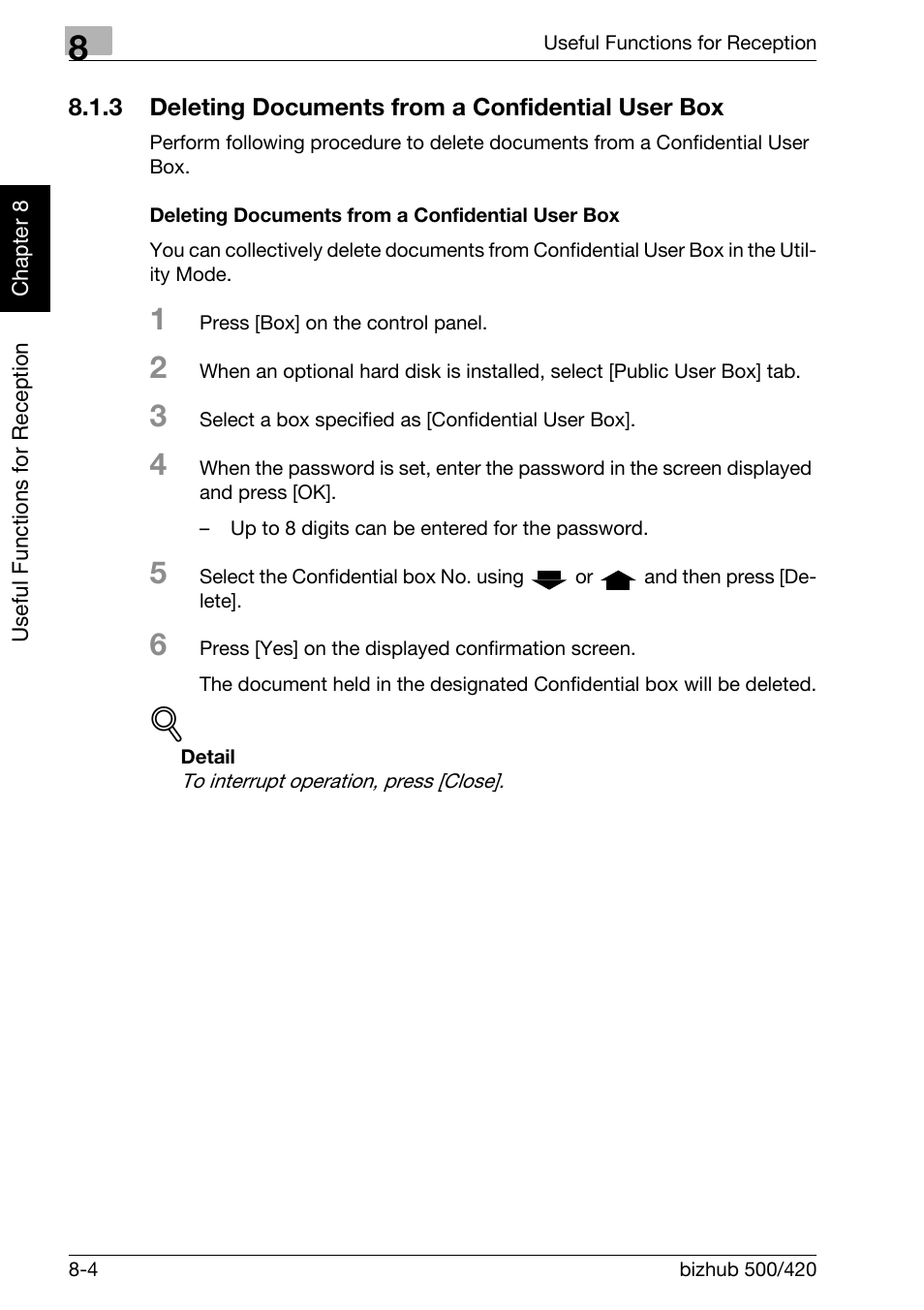 3 deleting documents from a confidential user box, Deleting documents from a confidential user box, Deleting documents from a confidential user box -4 | Konica Minolta bizhub 420 User Manual | Page 163 / 346