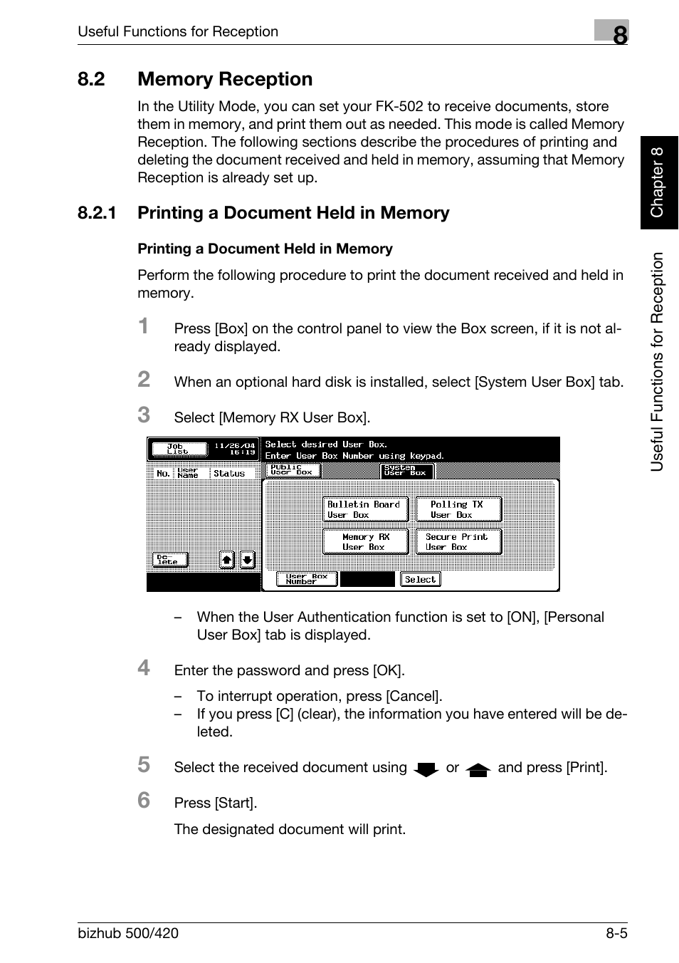 2 memory reception, 1 printing a document held in memory, Printing a document held in memory | Memory reception -5, Printing a document held in memory -5, For details, see "memory reception" (p. 8-5) | Konica Minolta bizhub 420 User Manual | Page 164 / 346