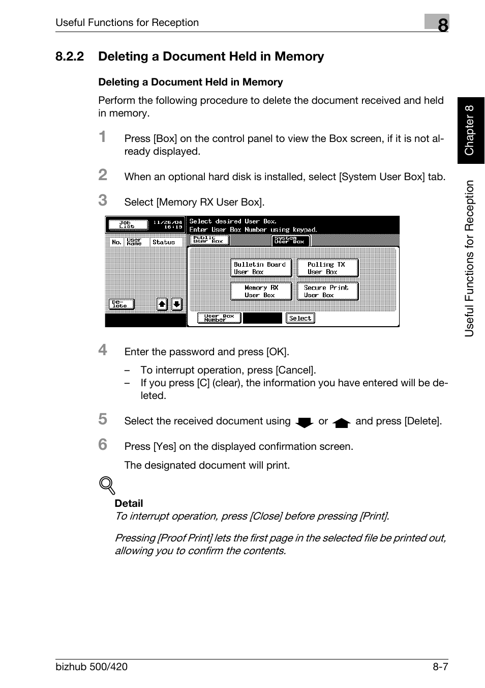 2 deleting a document held in memory, Deleting a document held in memory, Deleting a document held in memory -7 | Konica Minolta bizhub 420 User Manual | Page 166 / 346