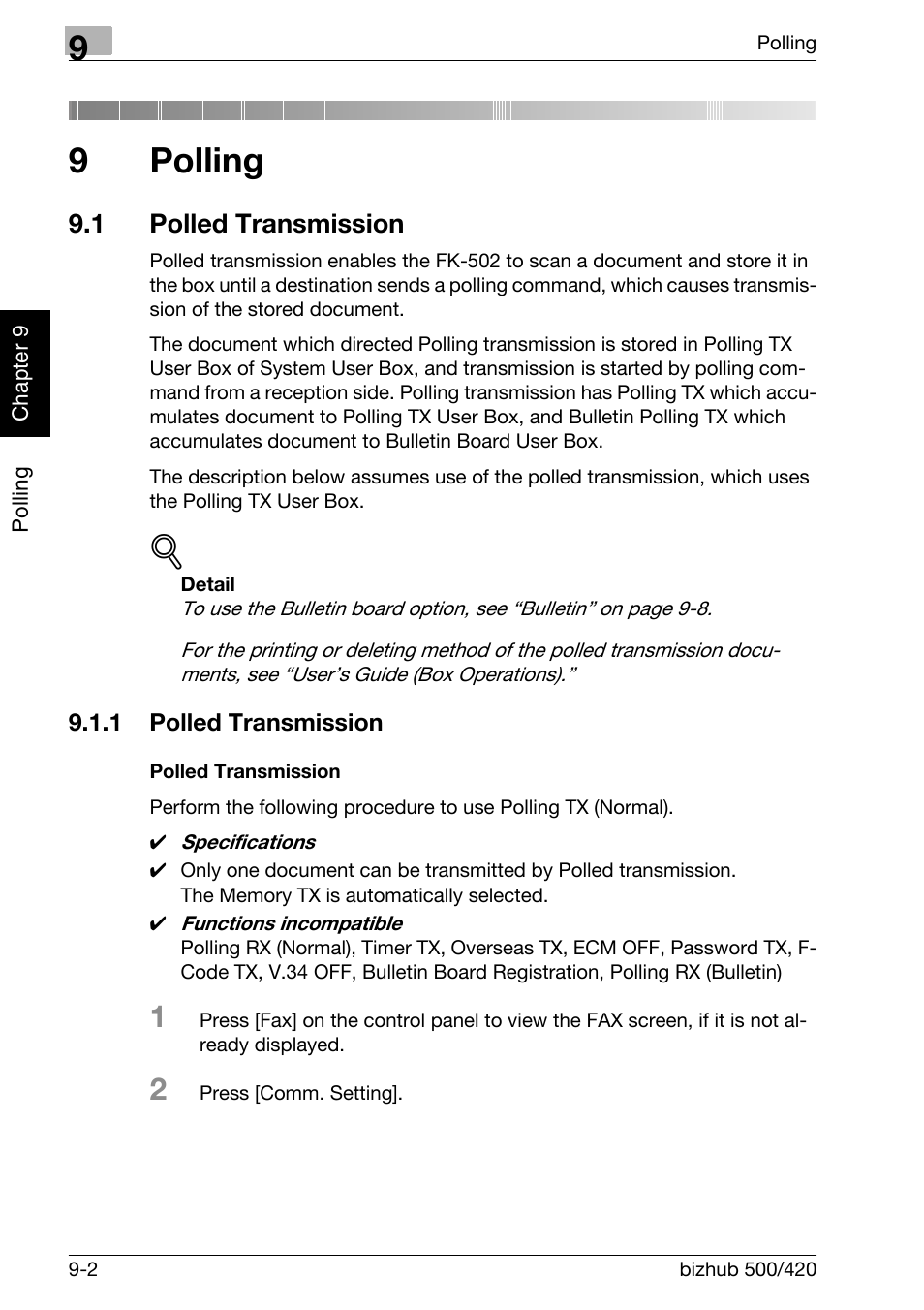 9 polling, 1 polled transmission, Polled transmission | Polling, Polled transmission -2, For details, see "polled transmission" (p. 9-2), 9polling | Konica Minolta bizhub 420 User Manual | Page 169 / 346