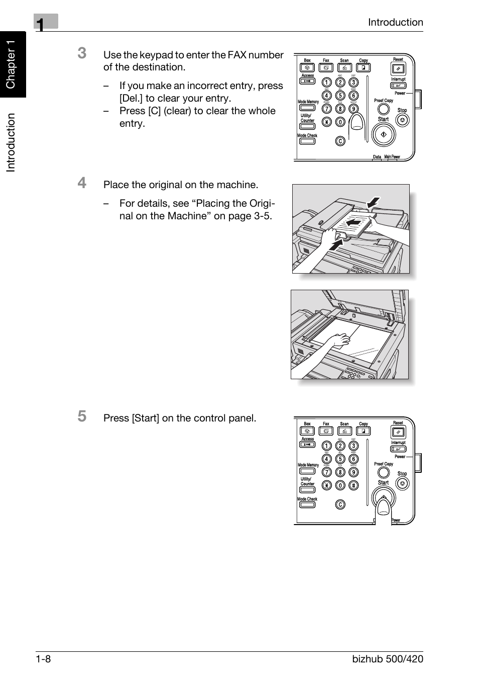 Press [start] on the control panel | Konica Minolta bizhub 420 User Manual | Page 17 / 346