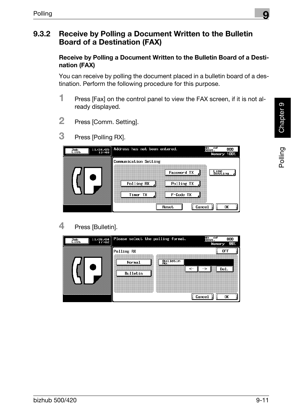 Receive by polling a document written to, The bulletin board of a destination (fax) -11 | Konica Minolta bizhub 420 User Manual | Page 178 / 346