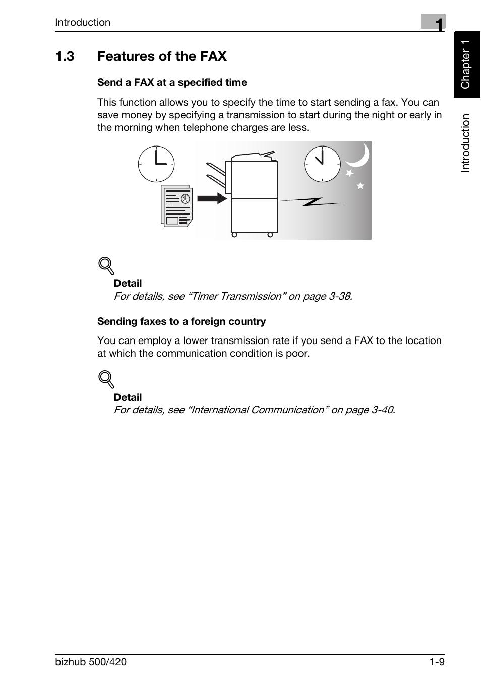3 features of the fax, Send a fax at a specified time, Sending faxes to a foreign country | Features of the fax -9 | Konica Minolta bizhub 420 User Manual | Page 18 / 346