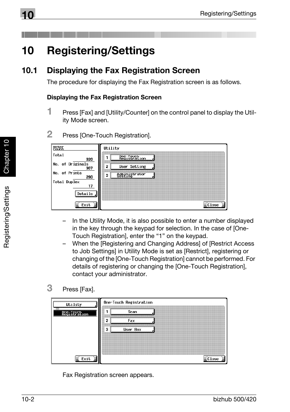 10 registering/settings, 1 displaying the fax registration screen, Displaying the fax registration screen | Displaying the fax registration screen -2 | Konica Minolta bizhub 420 User Manual | Page 181 / 346