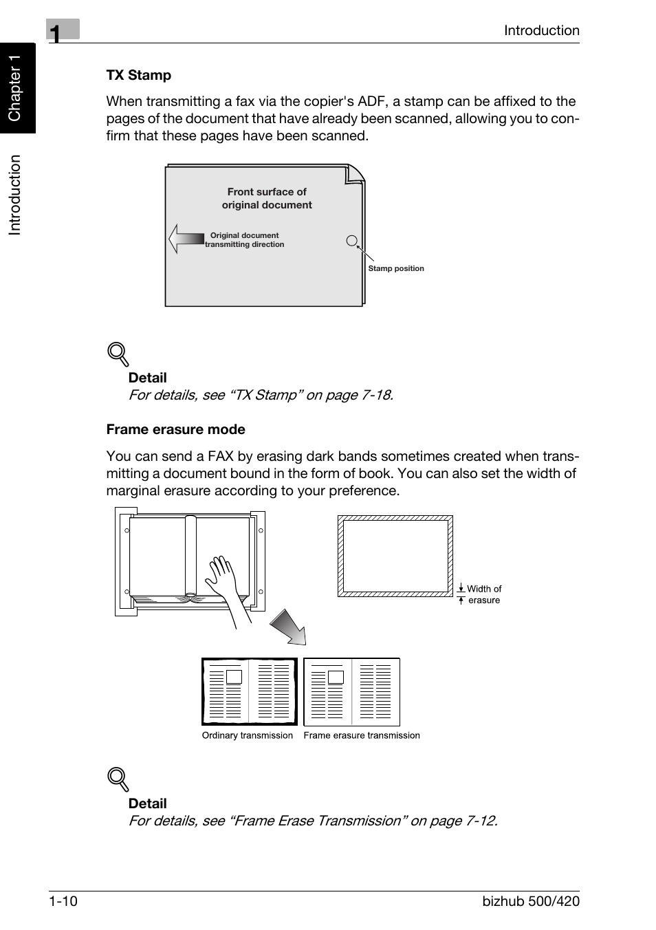 Tx stamp, Frame erasure mode | Konica Minolta bizhub 420 User Manual | Page 19 / 346