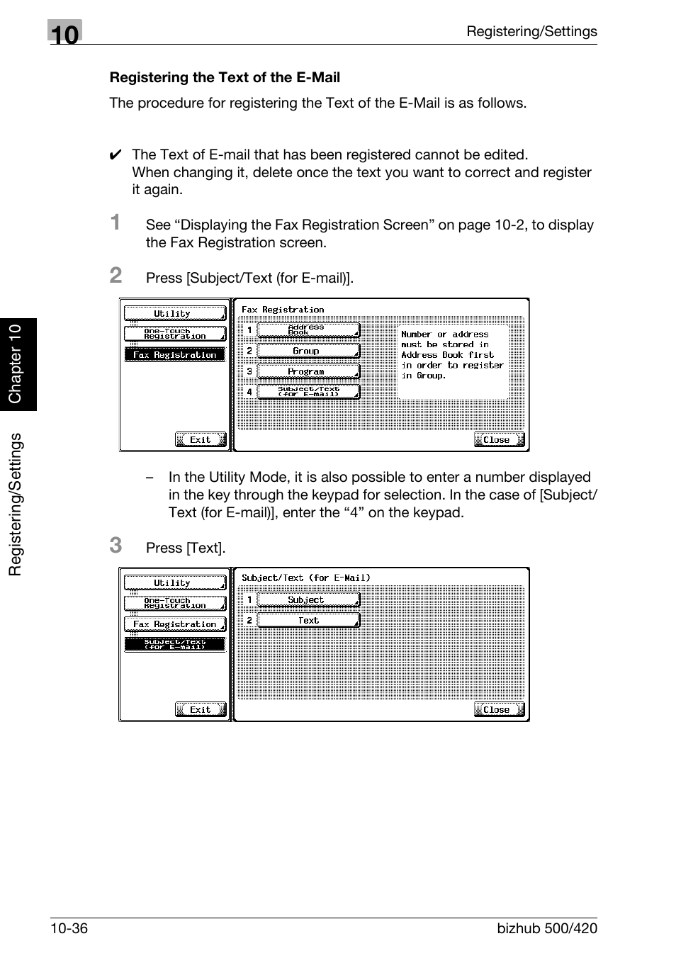 Registering the text of the e-mail | Konica Minolta bizhub 420 User Manual | Page 215 / 346