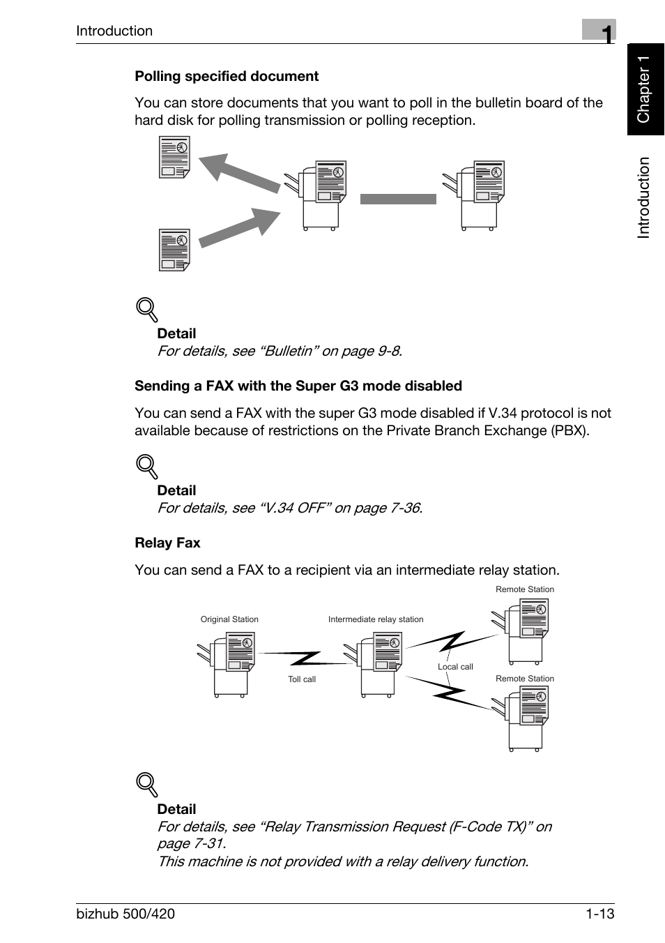 Polling specified document, Sending a fax with the super g3 mode disabled, Relay fax | Konica Minolta bizhub 420 User Manual | Page 22 / 346