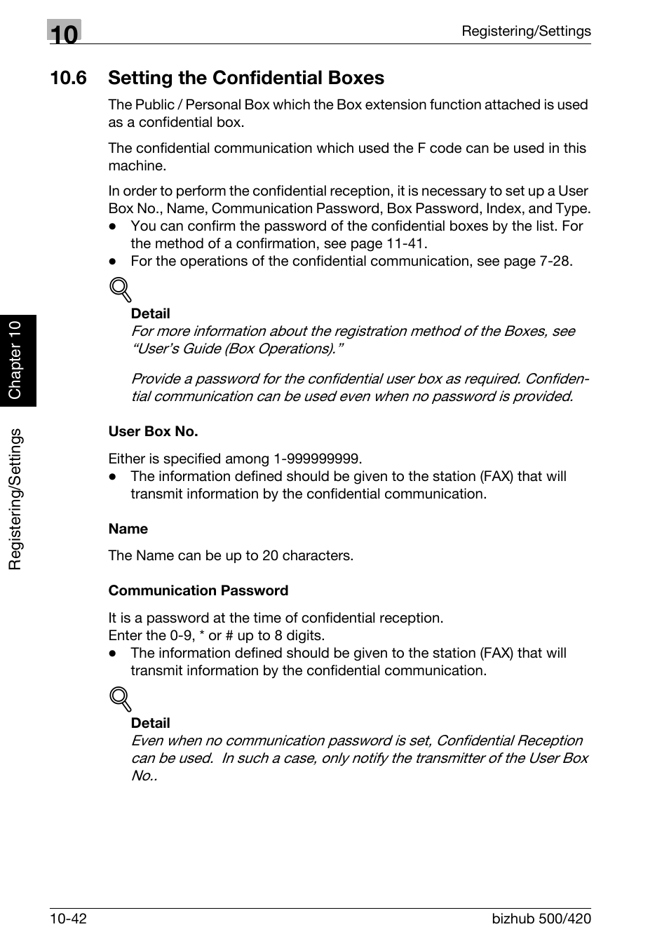 6 setting the confidential boxes, User box no, Name | Communication password, Setting the confidential boxes -42 | Konica Minolta bizhub 420 User Manual | Page 221 / 346