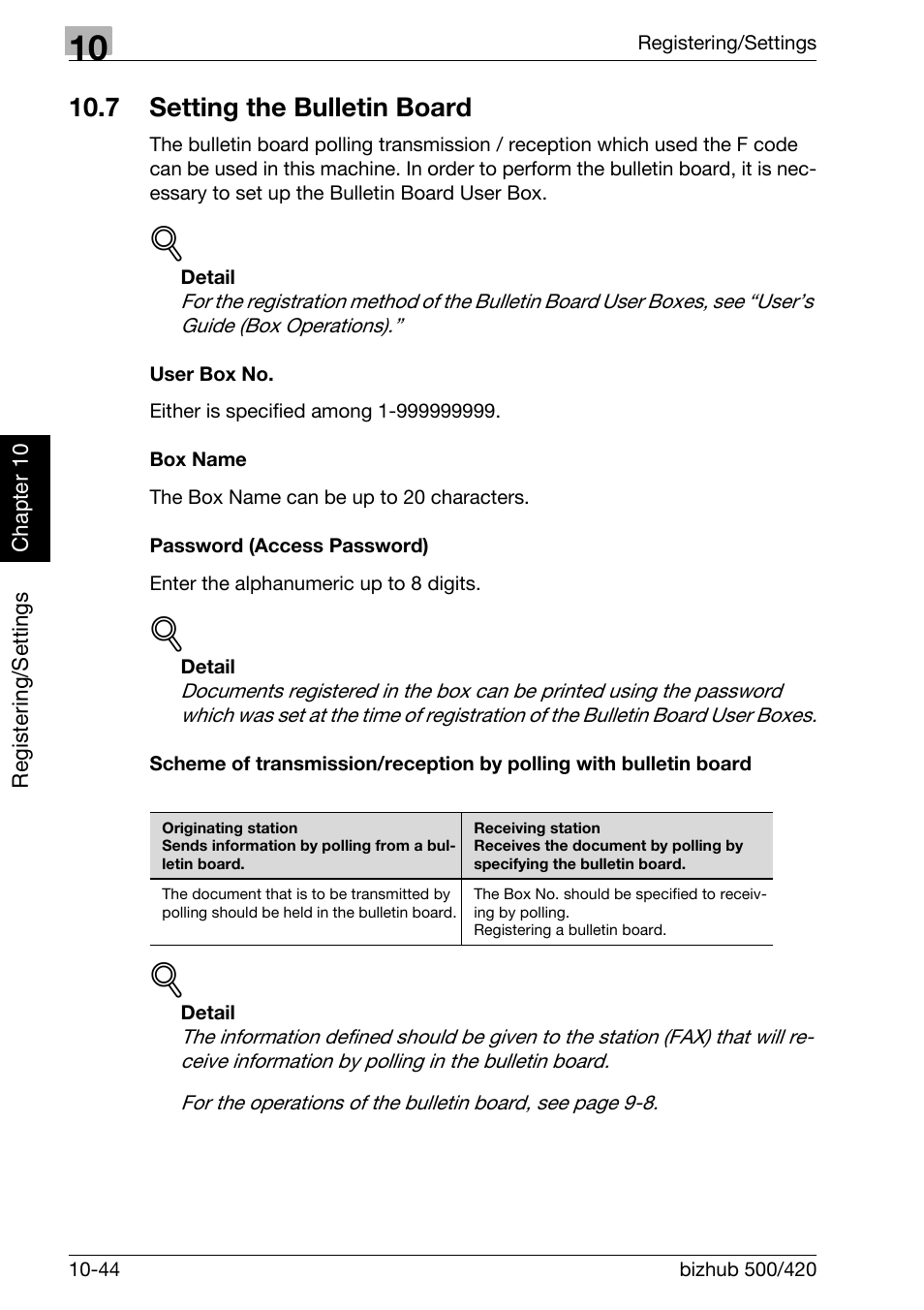 7 setting the bulletin board, User box no, Box name | Password (access password), Setting the bulletin board -44 | Konica Minolta bizhub 420 User Manual | Page 223 / 346