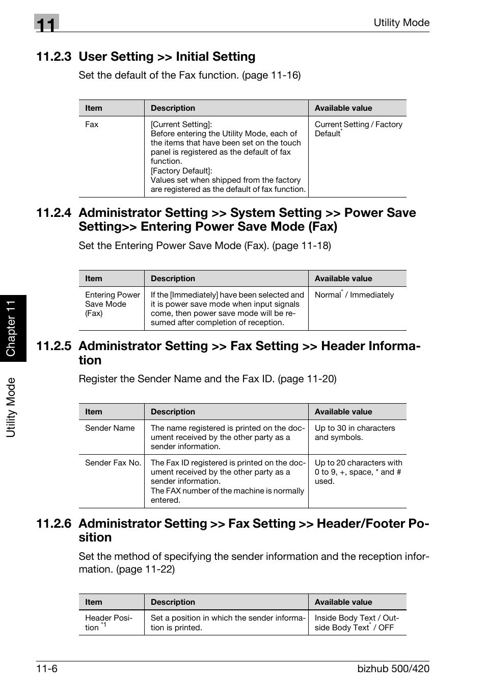 3 user setting >> initial setting, User setting >> initial setting -6, Administrator setting >> system setting | Utility mode ch ap te r 11 | Konica Minolta bizhub 420 User Manual | Page 231 / 346