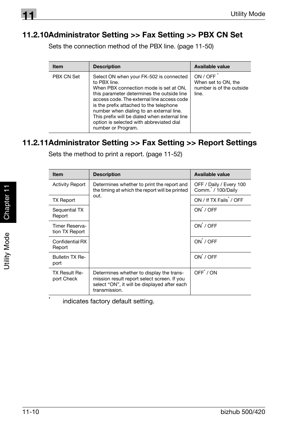 Utility mode ch ap te r 11, Sets the method to print a re port. (page 11-52), Indicates factory default setting | Konica Minolta bizhub 420 User Manual | Page 235 / 346