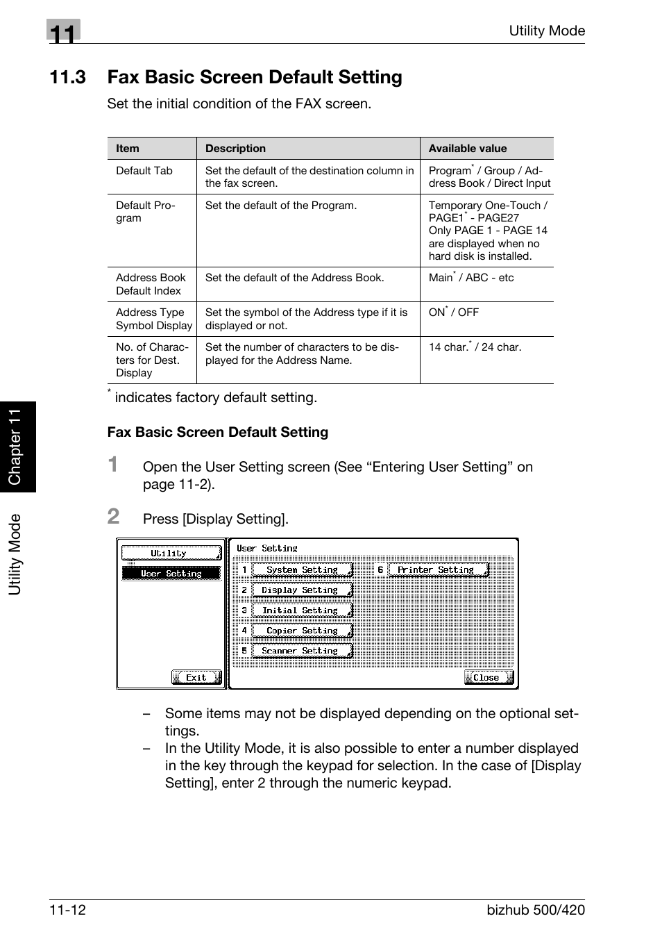 3 fax basic screen default setting, Fax basic screen default setting, Fax basic screen default setting -12 | Utility mode ch ap te r 11 | Konica Minolta bizhub 420 User Manual | Page 237 / 346