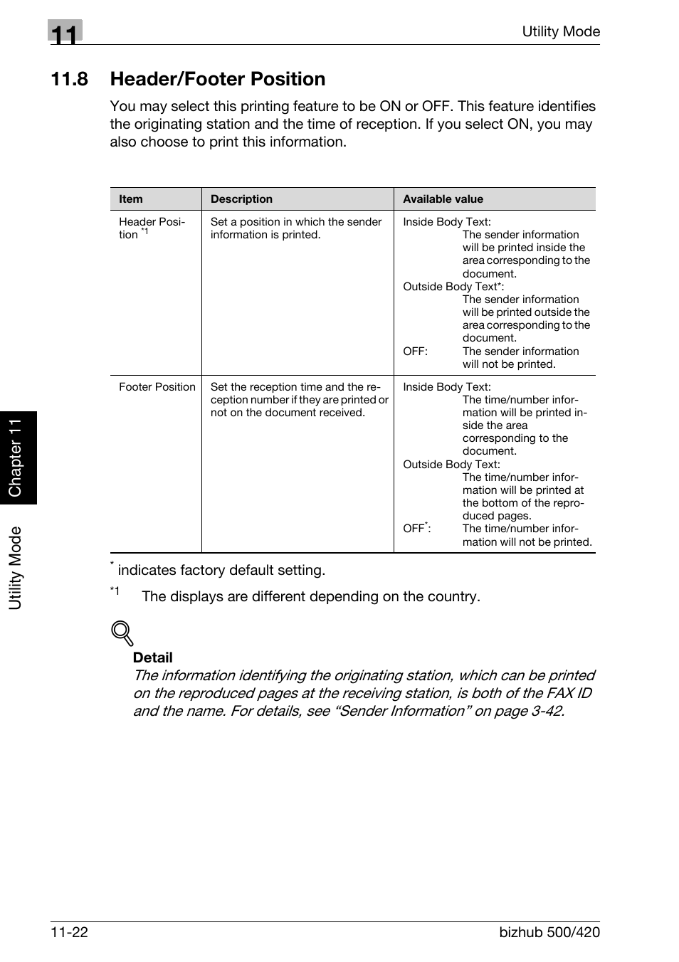 8 header/footer position, Header/footer position -22, Utility mode ch ap te r 11 | Konica Minolta bizhub 420 User Manual | Page 247 / 346