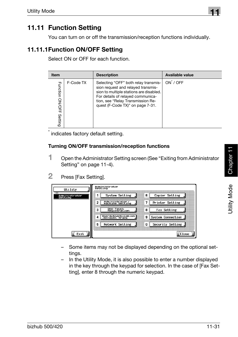 11 function setting, 1 function on/off setting, Turning on/off transmission/reception functions | 11 function setting -31, Function on/off setting -31, 1function on/off setting | Konica Minolta bizhub 420 User Manual | Page 256 / 346