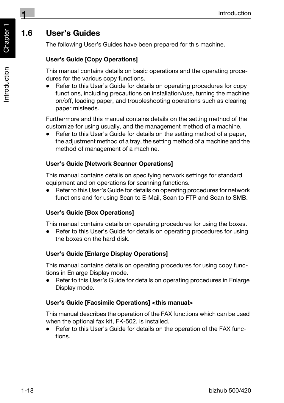 6 user’s guides, User’s guide [copy operations, User’s guide [network scanner operations | User’s guide [box operations, User’s guide [enlarge display operations, User’s guide [facsimile operations] <this manual, User’s guides -18 | Konica Minolta bizhub 420 User Manual | Page 27 / 346