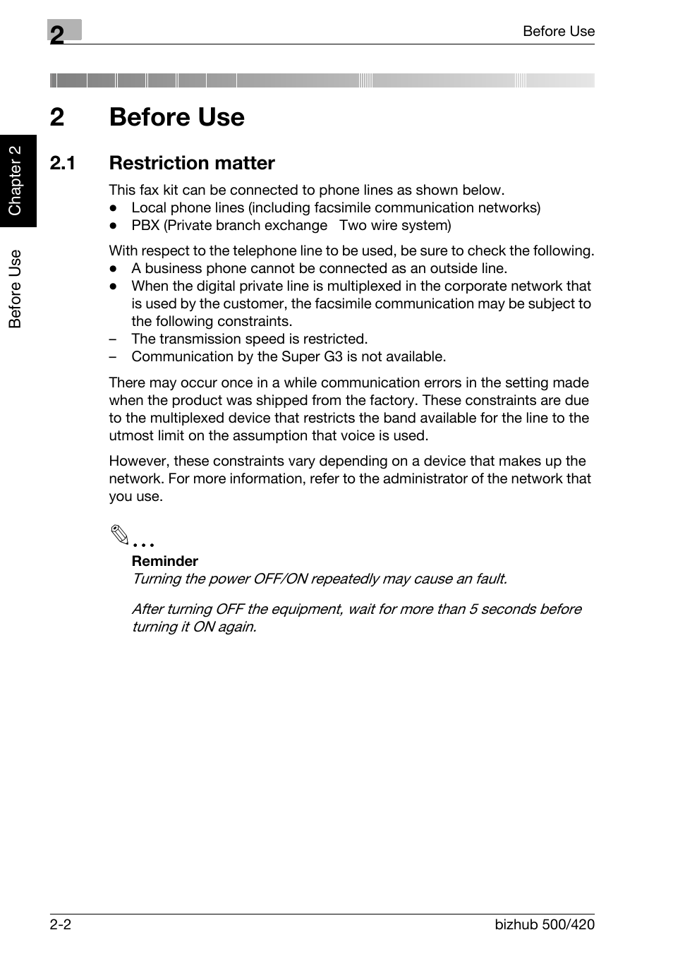2 before use, 1 restriction matter, Before use | Restriction matter -2, 2before use | Konica Minolta bizhub 420 User Manual | Page 31 / 346