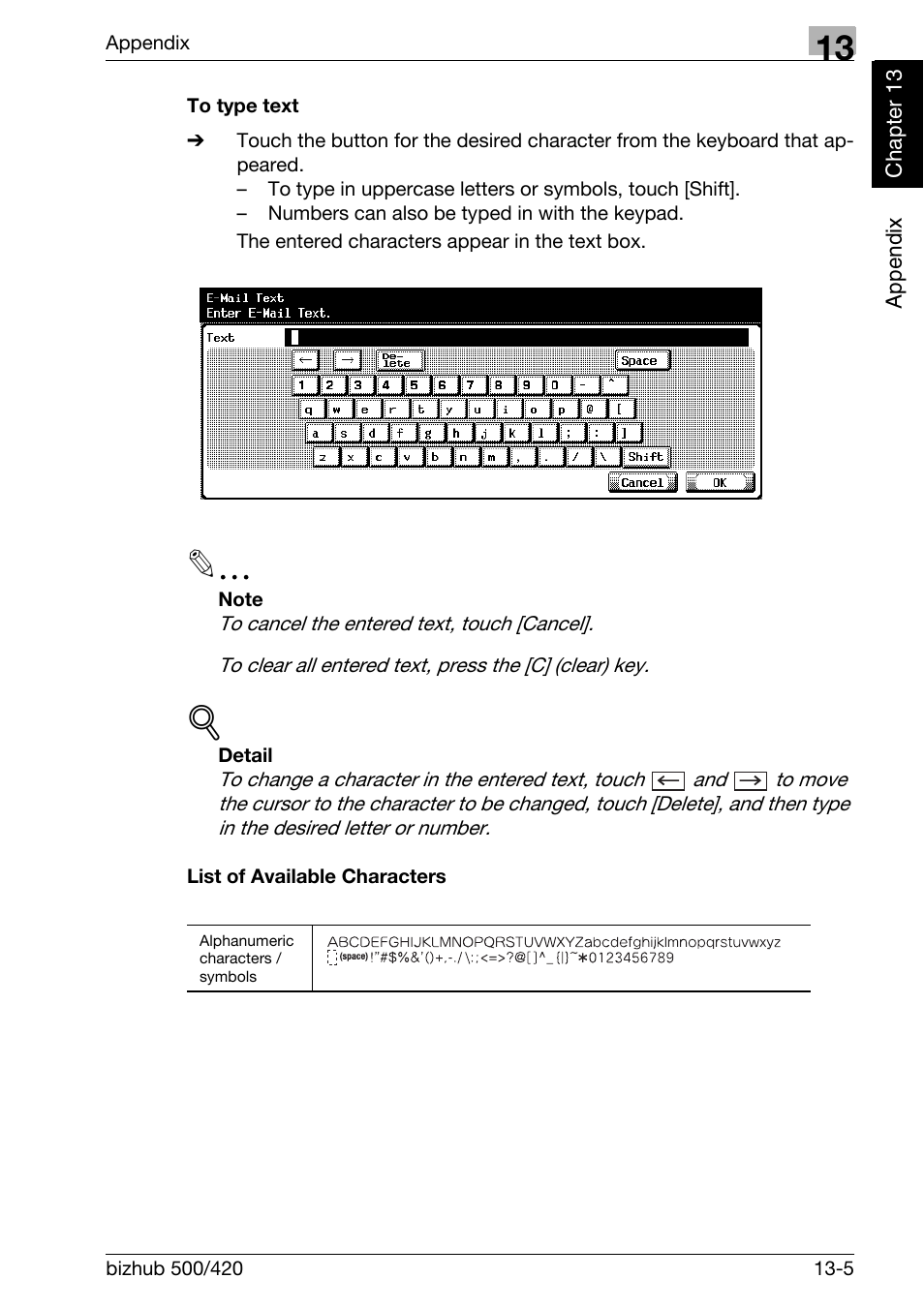 To type text, List of available characters | Konica Minolta bizhub 420 User Manual | Page 334 / 346