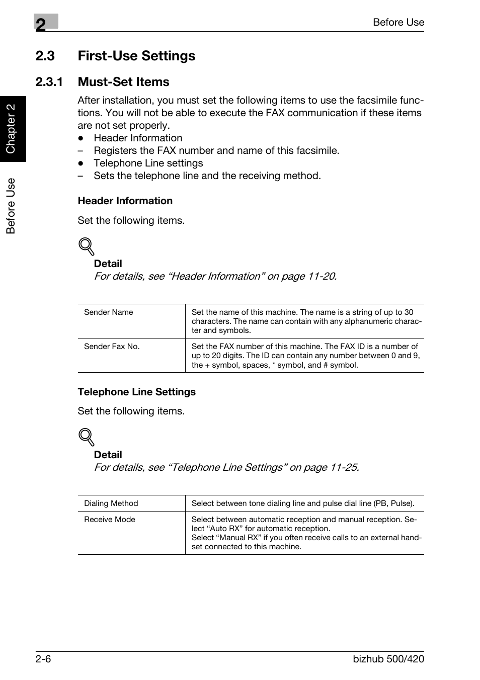 3 first-use settings, 1 must-set items, Header information | Telephone line settings, First-use settings -6, Must-set items -6 | Konica Minolta bizhub 420 User Manual | Page 35 / 346