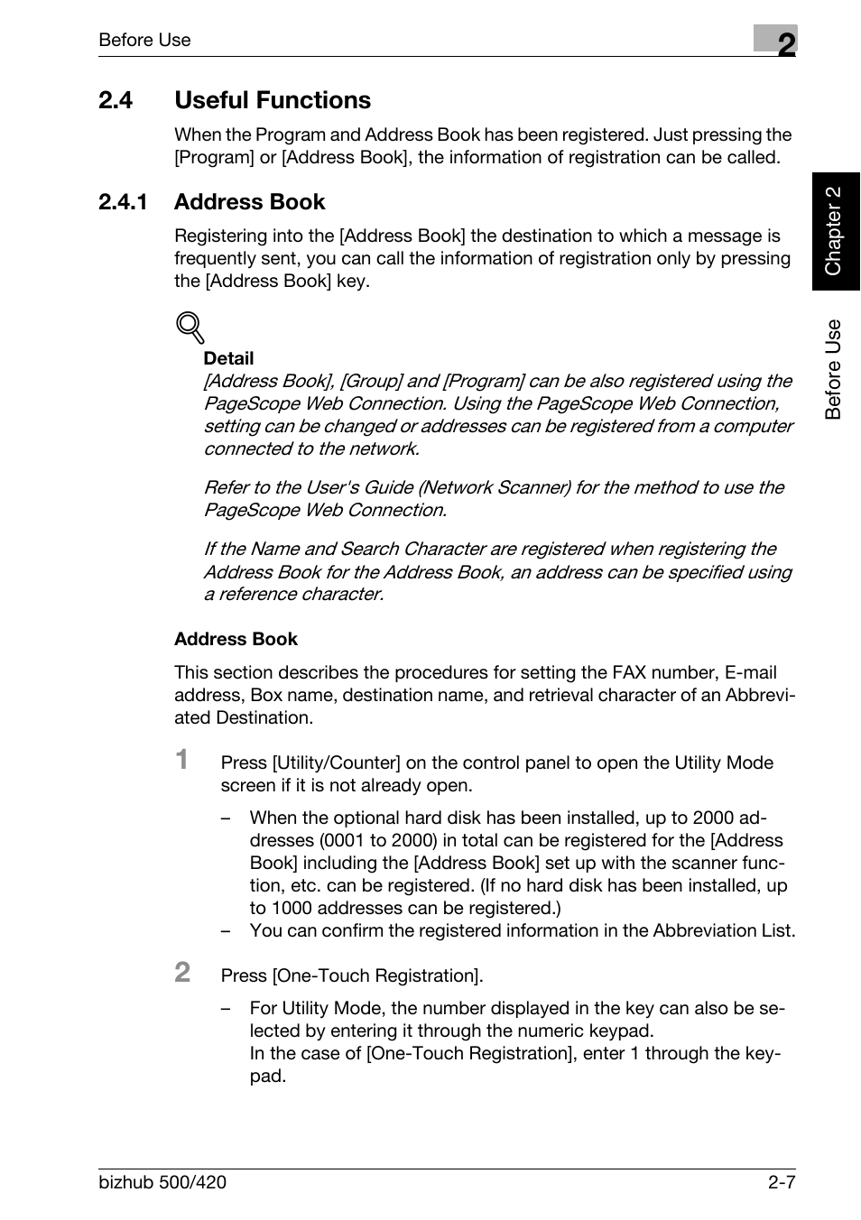 4 useful functions, 1 address book, Address book | Useful functions -7, Address book -7 | Konica Minolta bizhub 420 User Manual | Page 36 / 346