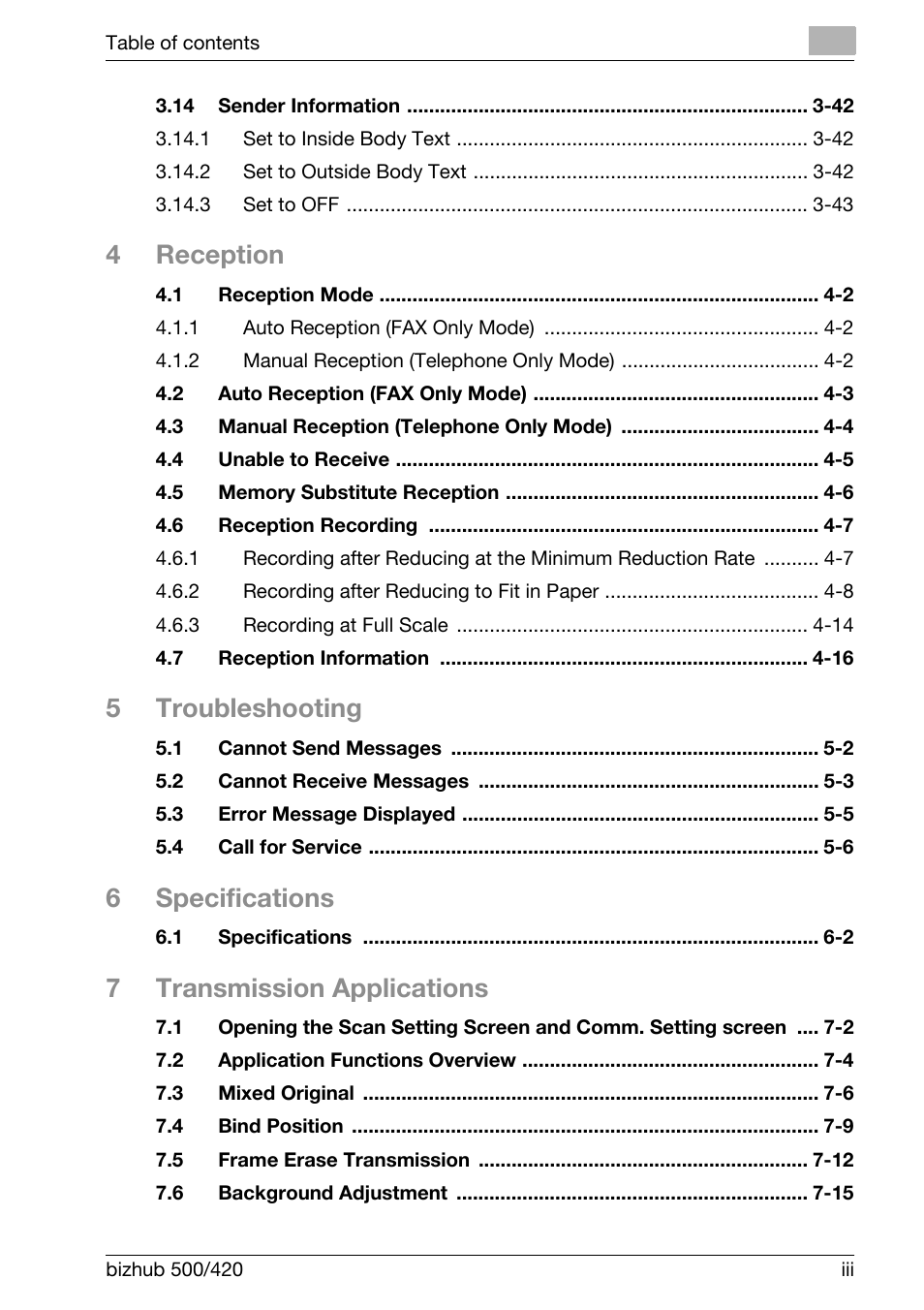 4reception, 5troubleshooting, 6specifications | 7transmission applications | Konica Minolta bizhub 420 User Manual | Page 4 / 346