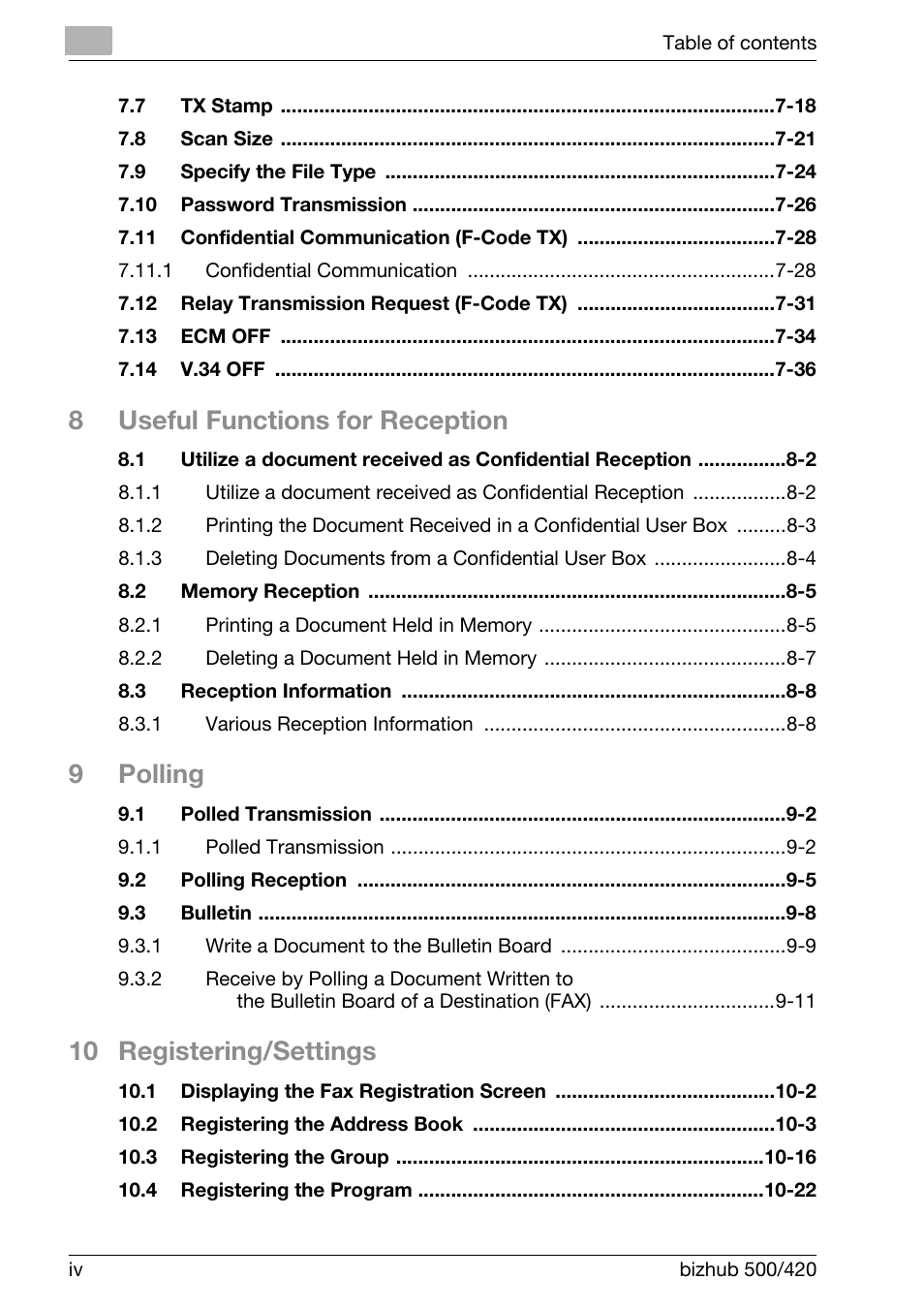 8useful functions for reception, 9polling, 10 registering/settings | Konica Minolta bizhub 420 User Manual | Page 5 / 346